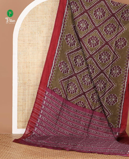 Olive green Ikkat deisgn printed jute tussar silk saree , contrast border , ikkat  design printed pallu