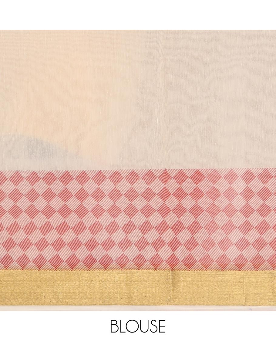 Cream with pink kerala cotton saree , diamond style printed with gold zari tissue bawanchi border & diamond pattern printed pallu with plain blouse