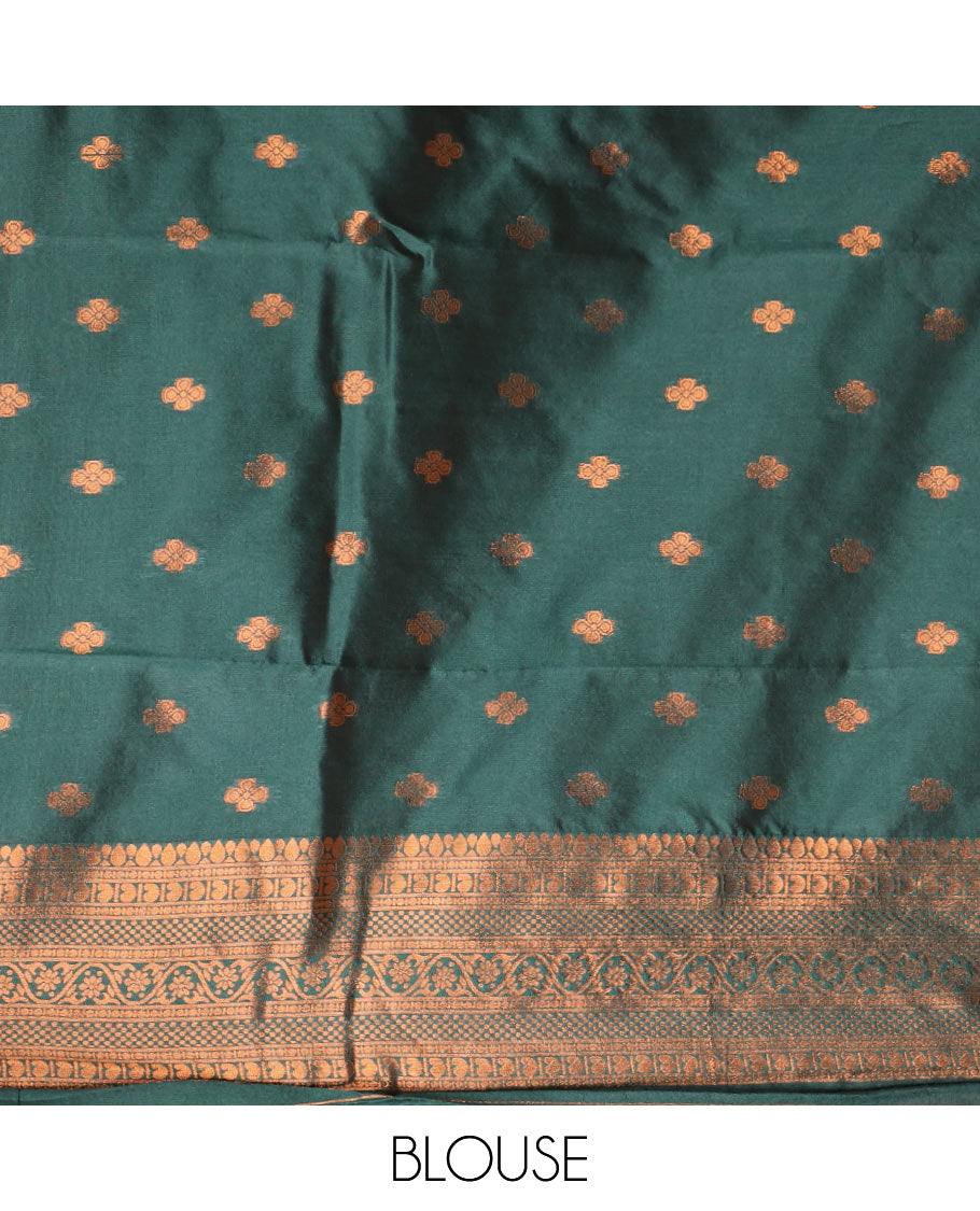 Olive green small zari butta soft silk saree with zari border & rich pallu along with butta design blouse