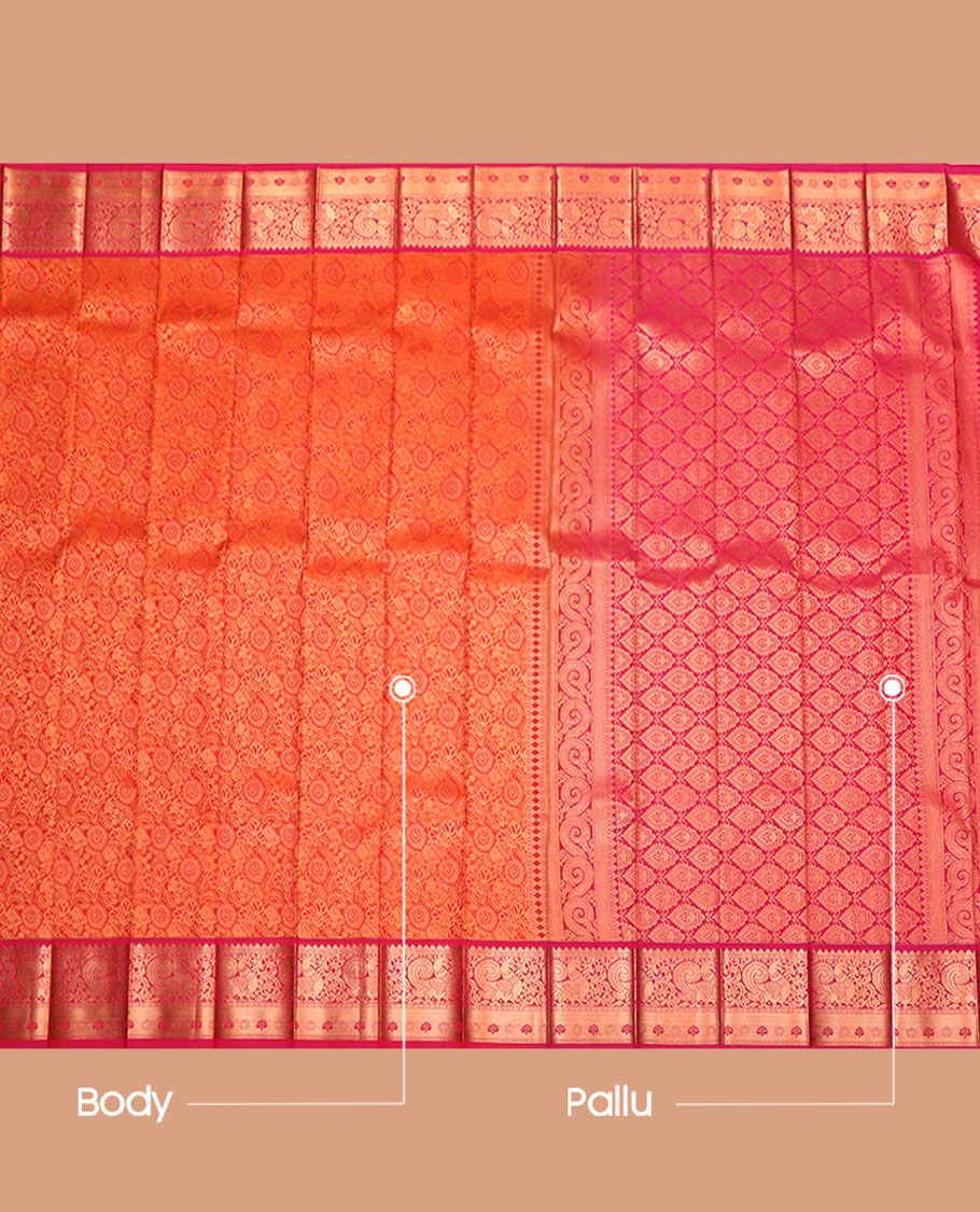 Orange Budget Silk Saree, Delicately Woven with Jacquard Design, Complemented by a Contrast Peacock Zari Border, Grand Pallu, and a Contrast Blouse