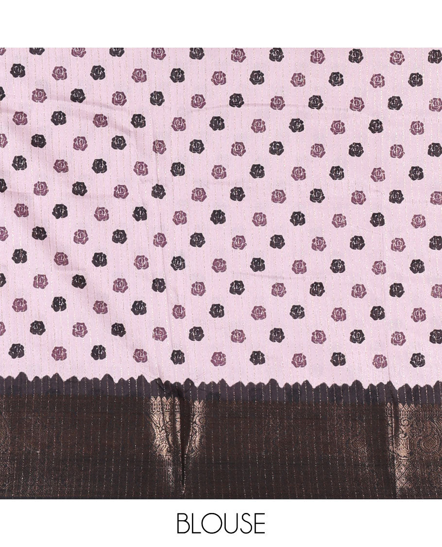 Lilac golden zari stripes, and floral vine printed dola silk saree, contrast traditional temple zari border, and floral printed pallu