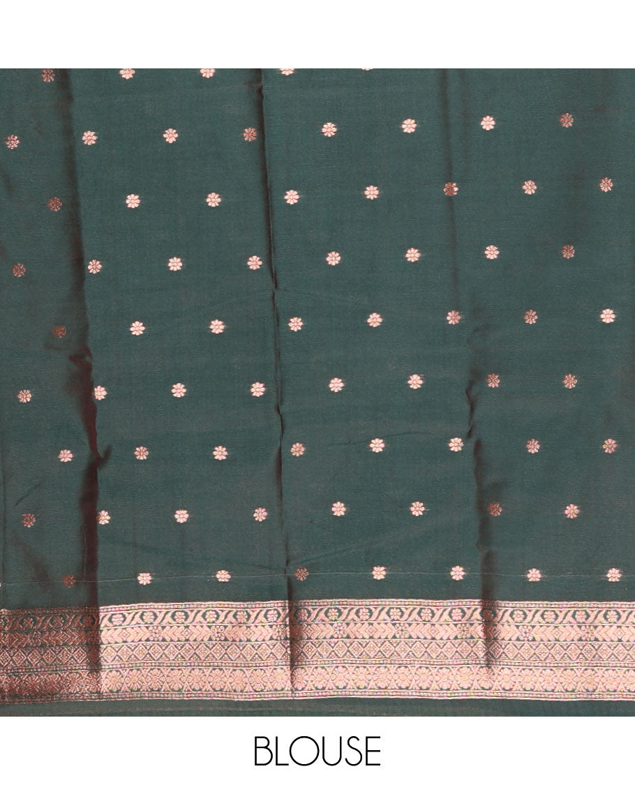 Borderless peach stripes and zari floral buttas elite soft silk saree, contrast ogee patterned zari pallu, and contrast zari design blouse