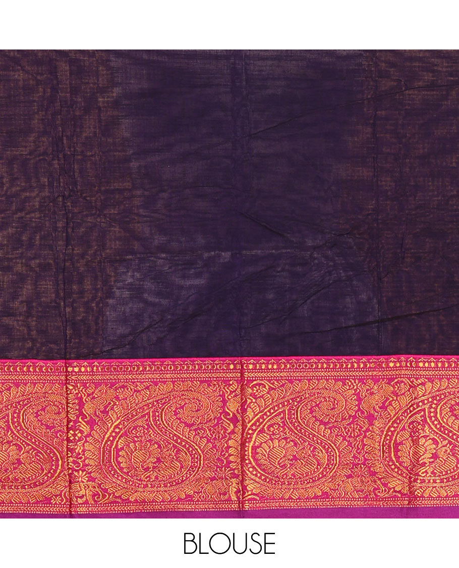 Purple plain design mercerised cotton saree, contrast traditional peacock enclosed manga border, striped pallu & matching blouse