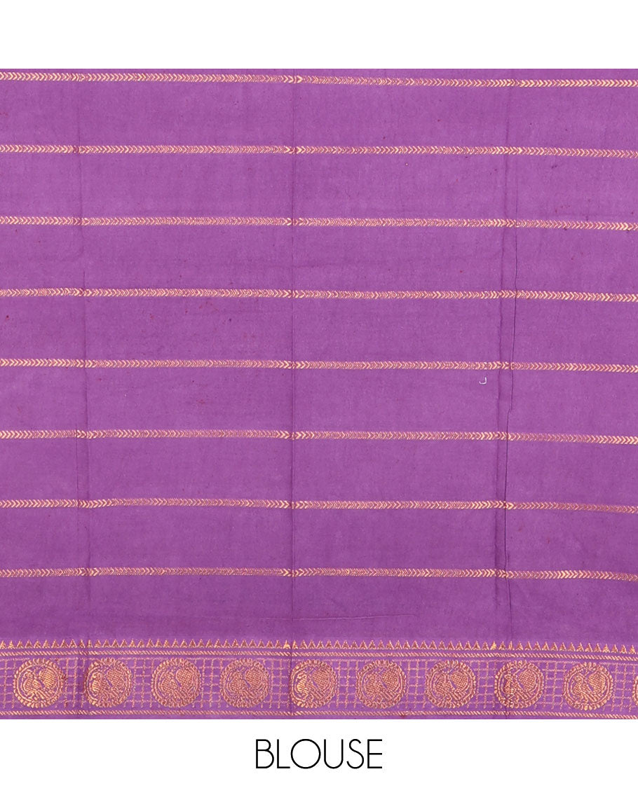 Purple plain sungudi cotton saree, contrast annam motifs, gold zari woven border, zari striped, and zari design contrast blouse