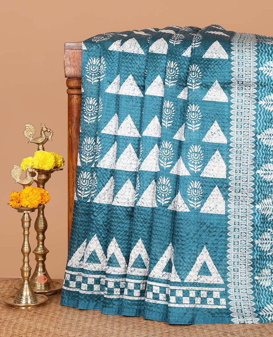 Blue batik-style triangle & floral printed litchi crushed saree,self-border,geometric print pallu & triangle motif printed blouse