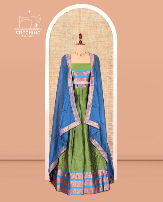 Green-Rama Blue Semi-Banarasi Half-Saree Features Plain Skirt, Contrast Floral Creeper Zari Border, Matching Blouse, Contrast Dhavani