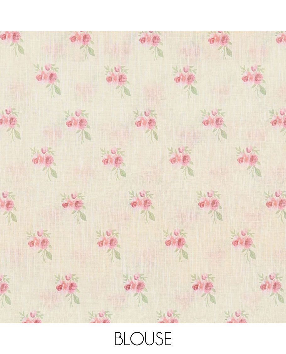 Borderless yellow rangkat style dyed and floral printed linen cotton saree with a contrast printed blouse