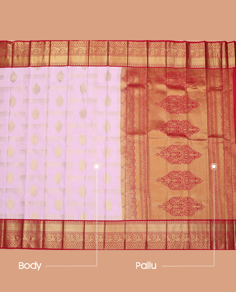 Baby Pink Budget Silk Saree, Subtly Enriched with Zari Buttas Enclosed Checks All Over Its Body, Complemented by a Contrast Traditional Zari Border of Peacock Designs, Pallu of Mughal-Style Intricate Designs, and Paired with a Contrast Blouse