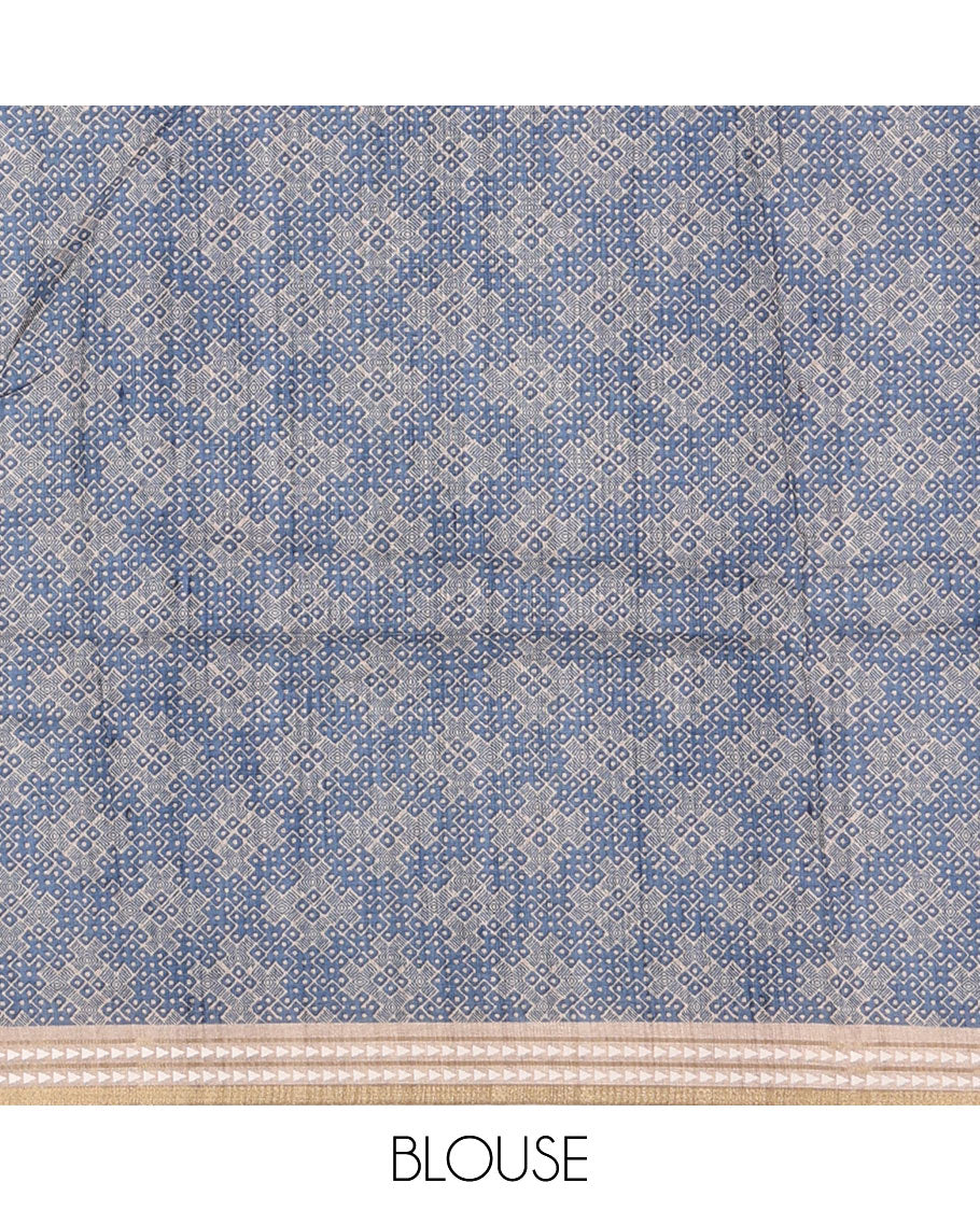 Blue lehariya-style striped semi-tussar saree, contrast resham thread triangle motifs border, diamond printed pallu & contrast printed blouse