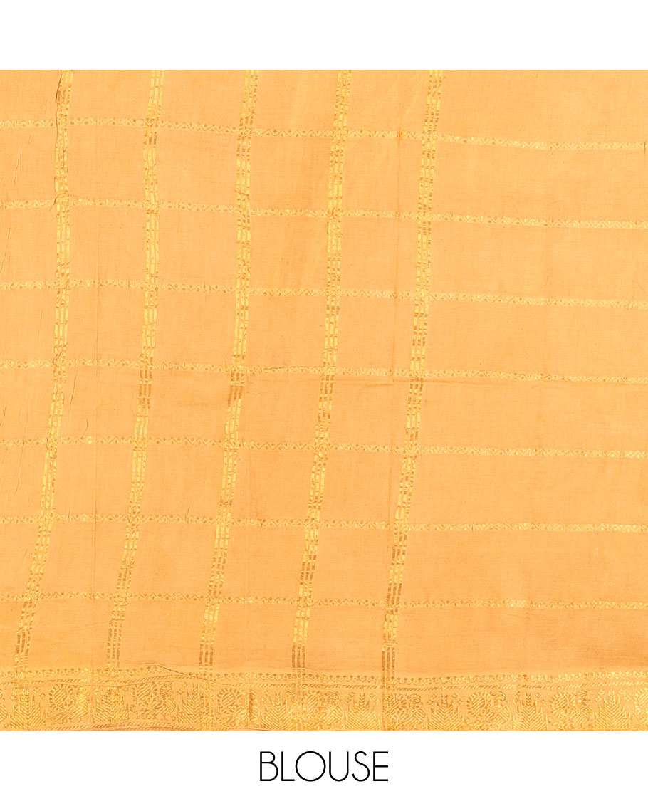 Blue and yellow zari checked Sungudi cotton saree, contrast peacock motifs zari border, checked pallu, and contrast checked blouse