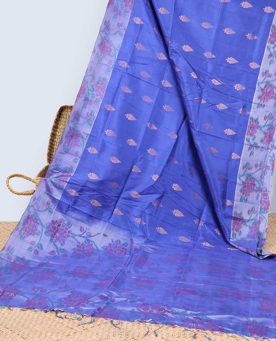 Blue floral motifs semi-soft silk saree with contrast border & floral vine design pallu
