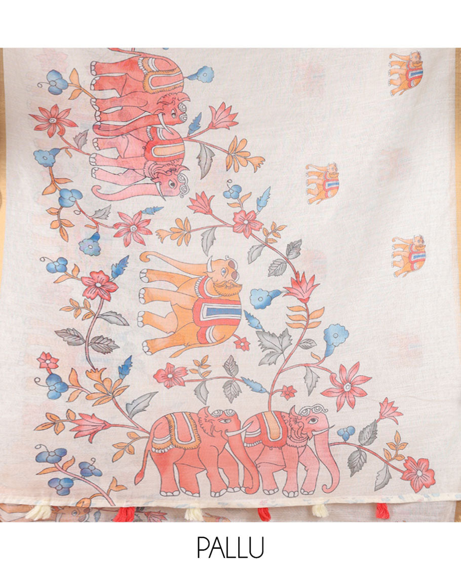 Cream Linen Cotton Saree, Bedecked with Elephant Motifs Printed on Its Body, Subtle Piping Border, Pallu of Floral and Elephant Designs, and Paired with a Matching Blouse