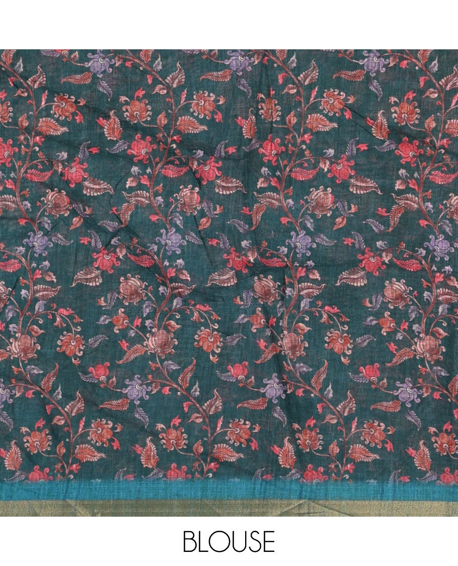 Blue zig-zag stripes printed linen cotton saree, piping zari border, kalamkari floral-peacock printed pallu & contrast printed blouse