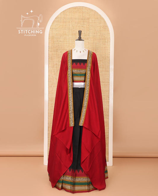 Black mercedised cotton half-saree, contrast traditional resham thread border skirt, matching blouse & contrast maroon thread border georgette dhavani