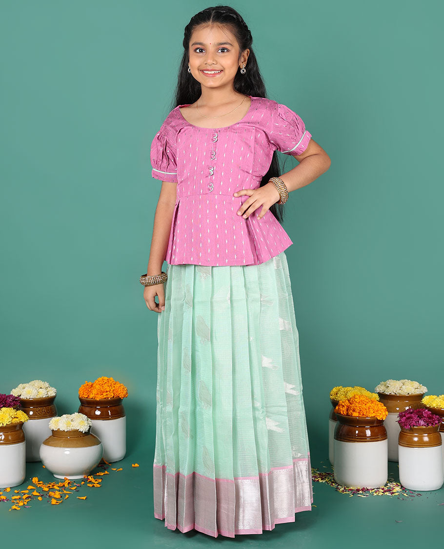 Blue readymade art silk pavadai, sparrow buttas & contrast traditional border skirt, & contrast buttas round neck puff-sleeve blouse