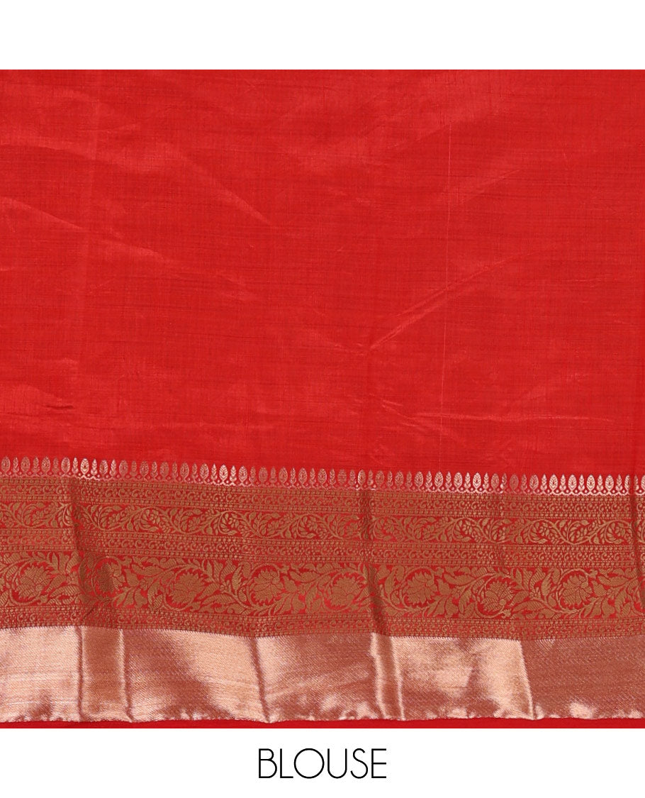 Red plain tussar saree, traditional zari design border, pallu of zari stripes & matching traditional motif border blouse