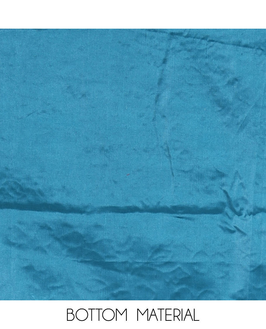 Blue churidar material set, floral print with thread outlined organza top, plain santoon bottom, and floral vine sequins embroidered organza dupatta