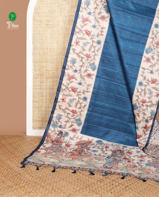 Dark blue zari butta fancy tussar saree with kalamkari style border & kalamkari pallu along with printed blouse