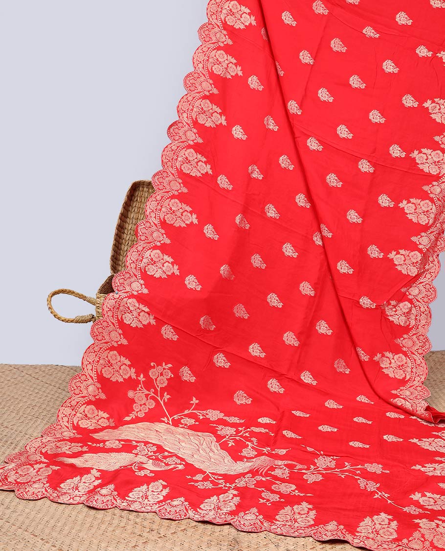 Red floral motifs semi-banaras dola silk saree with scallop border & peacock design pallu