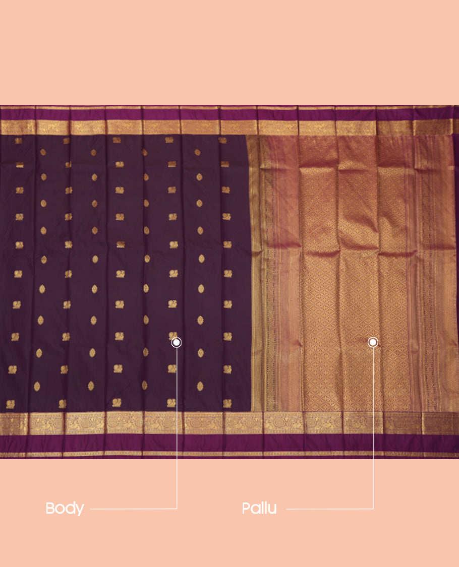 Wine Budget Silk Saree, Enlivened with Peacock-Floral Buttas, a Contrast Traditional Zari Rettai Pettu Border, a Jaal Pallu and a Contrast Blouse