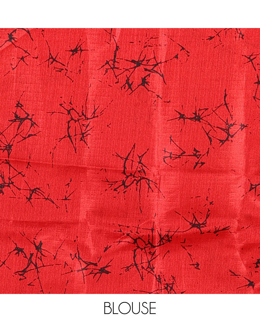 Black batik printed art Khadi cotton saree, batik printed border, batik printed pallu, and a contrast batik printed blouse