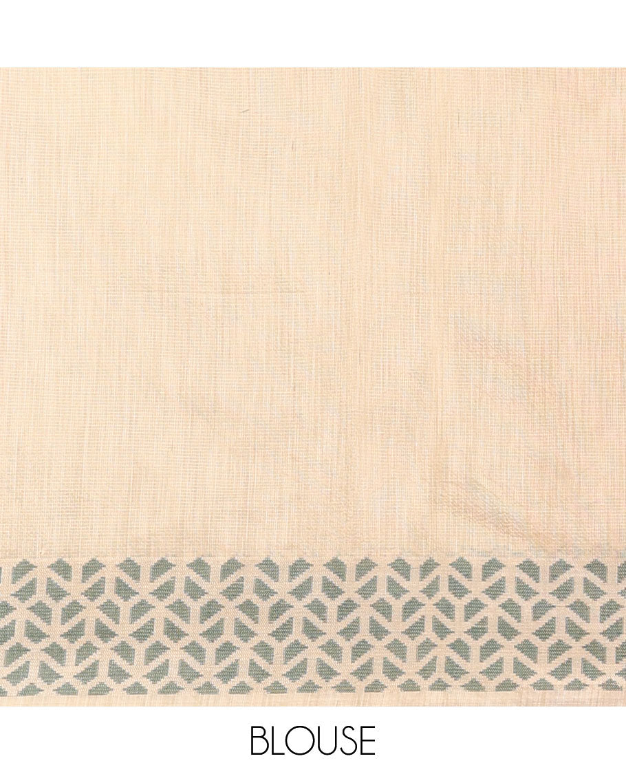 Cream with green thread weaving design banaras kota checks saree, geometric thread border & plain pallu along with plain blouse