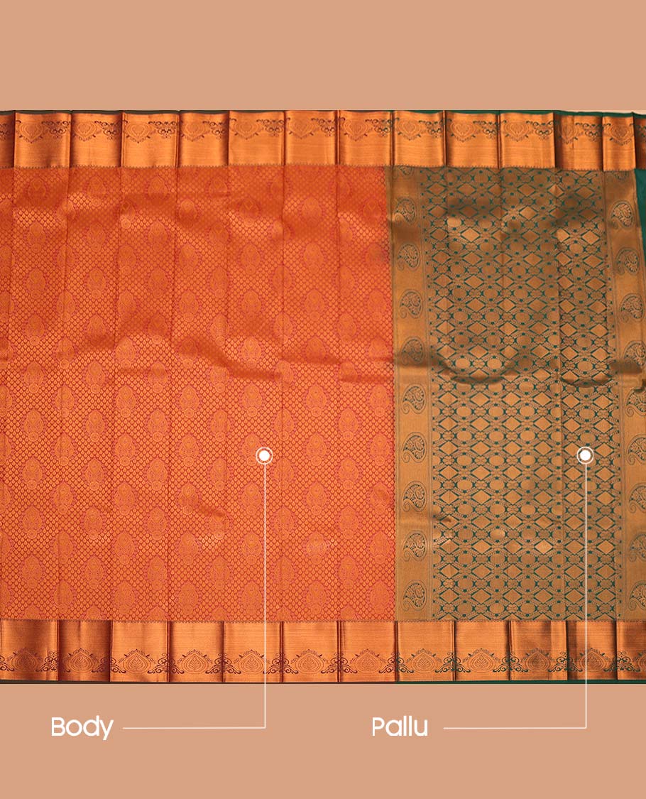 Orange Budget Silk Saree, Enlivened with Floral Zari Design, Complemented by Contrast Traditional Zari Border, a Grand Pallu and a Contrast Blouse