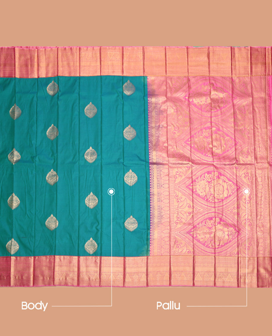 Peacock Blue Budget Silk Saree, Decked Up with Zari Buttas, Contrast Traditional Zari Border, Intricately Designed Pallu, and a Contrast Blouse