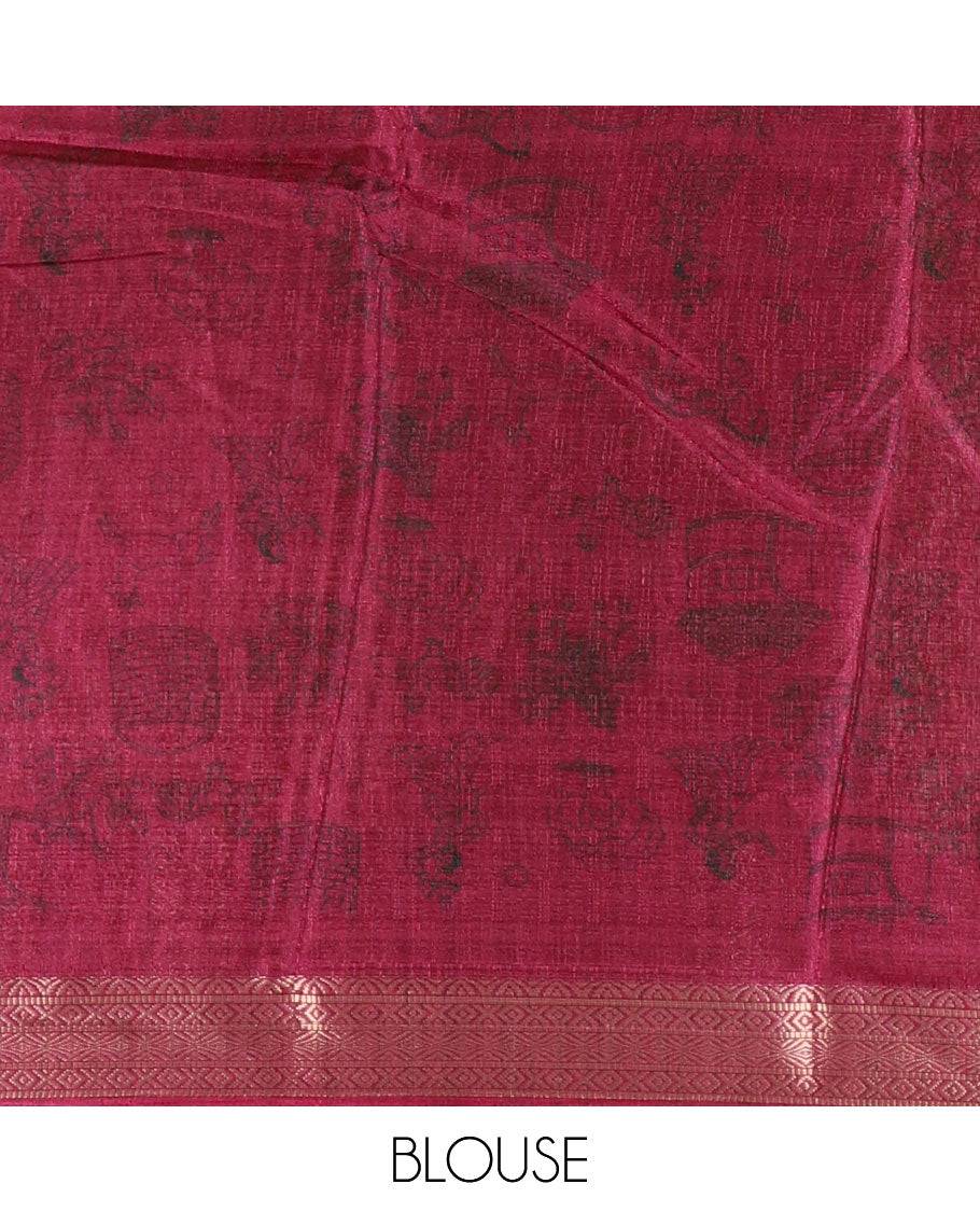 Chikku-purple color animal and village theme printed khadi jute saree, contrast jaal patterns zari woven border, printed pallu, and a contrast blouse