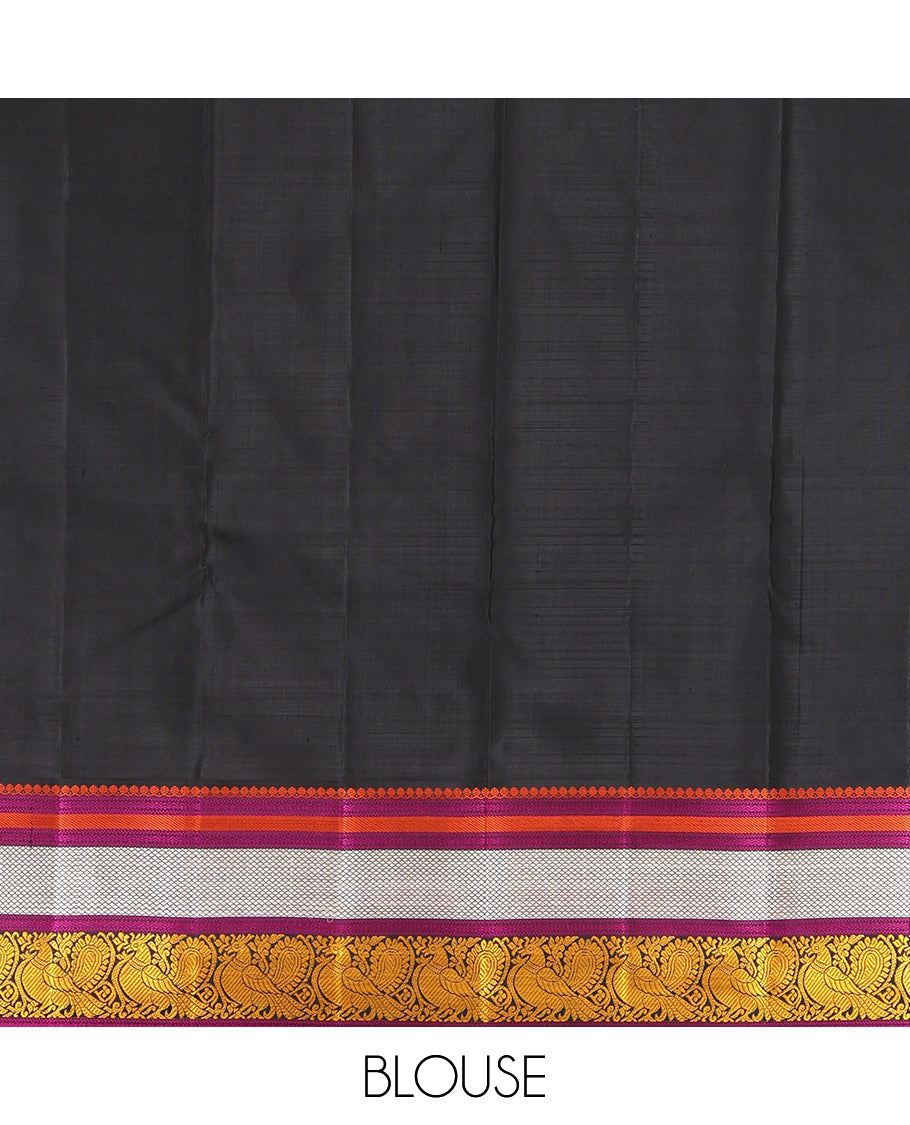 Yellow Kanchipuram Silk Saree, Woven with Checks, Complemented by Contrast Korvai Border of Thilakam Mokku, Rettai Neli, Kuyil Kann and Mayil Designs, Ara Maadam Pallu, and a Contrast Blouse