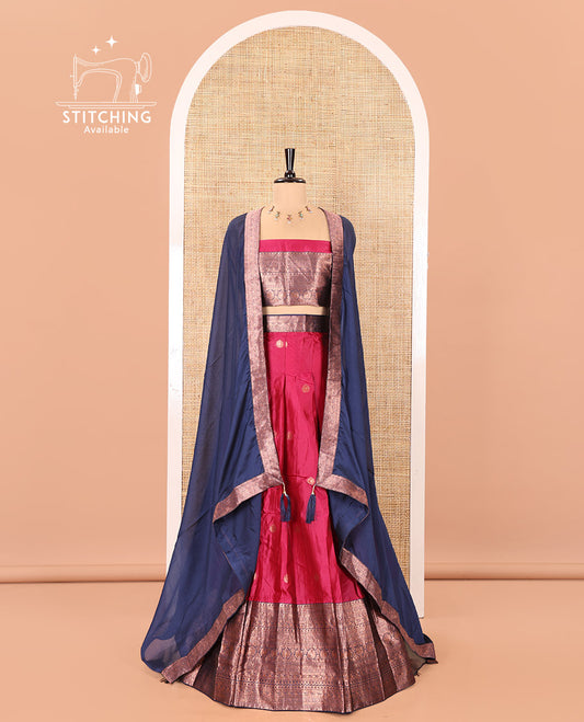 Pink and Blue Semi-Banarasi Half-Saree, Detailed with Zari Buttas on Its Skirt, Complemented by a Contrast Traditional Zari-Design Border, Paired with a Matching Blouse, and a Contrast Satin Georgette Zari-Bordered Dhavani