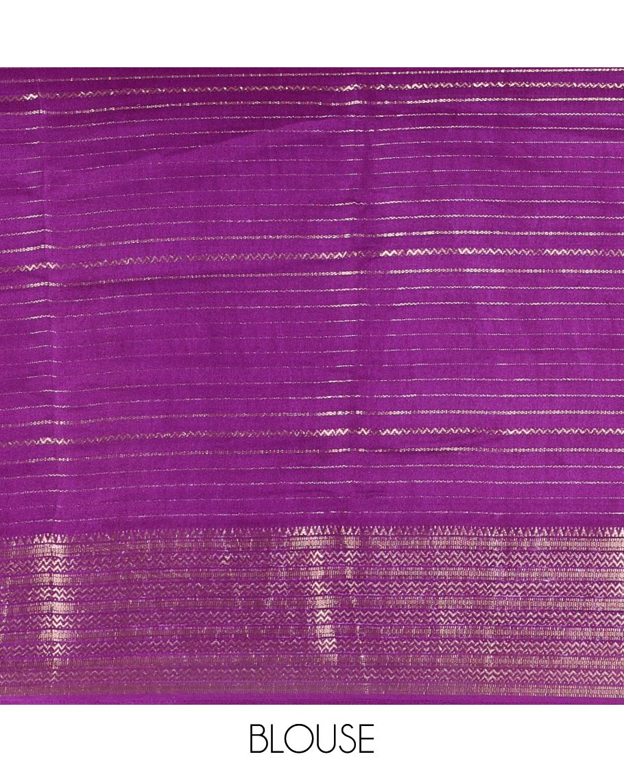 White zari design moss milan saree, contrast purple and pink colored traditional zari border, ikkat buttas printed pallu, and contrast zari design blouse