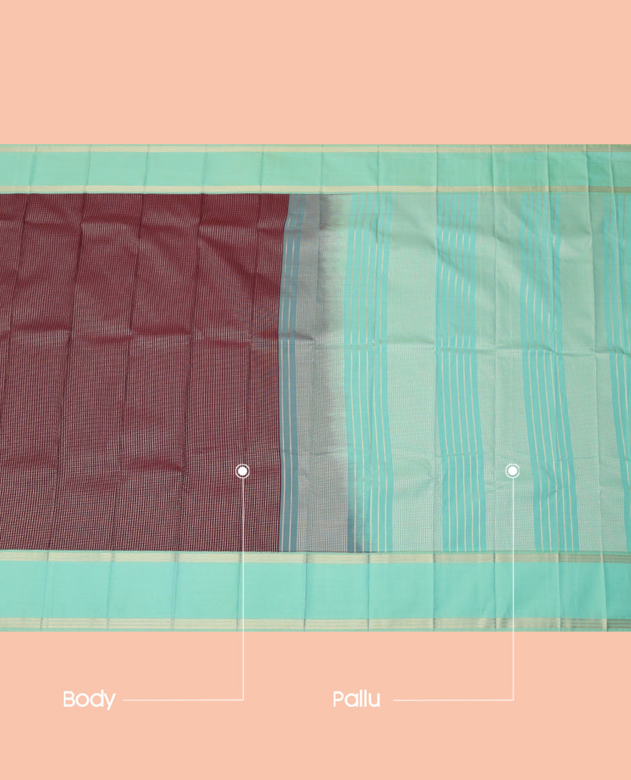 Maroon Budget Silk Saree, Gleamed Up with Zari Stripes, a Contrast Traditional Zari Rettai Pettu Border, Grand Pallu, and a Contrast Blouse