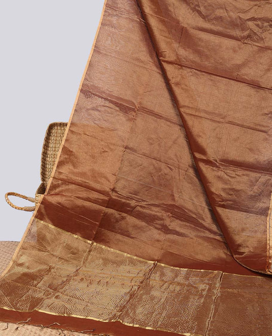 Brown maheshwari cotton saree with contrast zari border & striped zari pallu