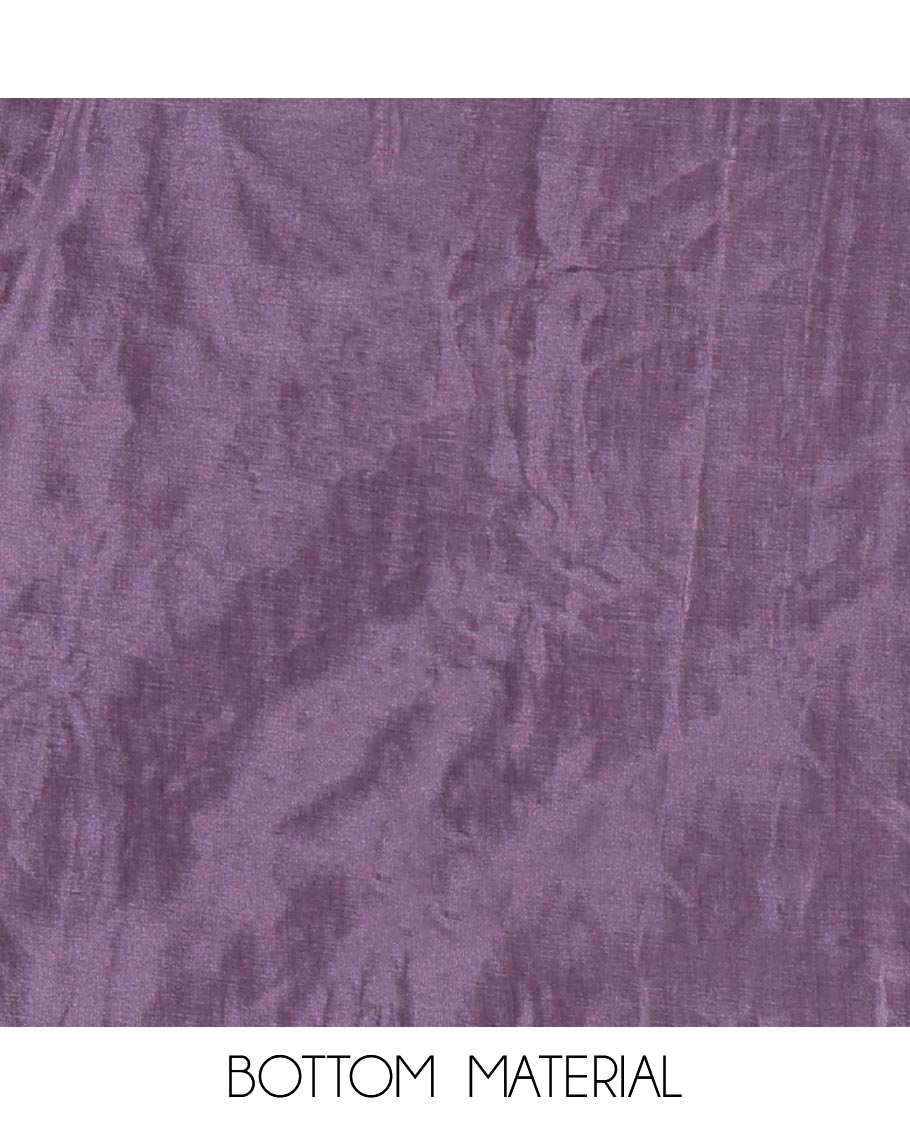 Lavender material churidar set, warli tribe village theme print with mirror work semi-tussar top, plain bottom, and warli tribe village theme print semi-tussar dupatta