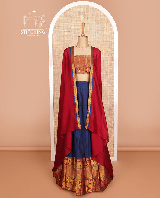 Dark blue cotton half saree with contrast traditional zari design border, zari design blouse & plain, zari design border dhavani