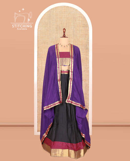 Black-Dark Purple Semi-Silk Half-Saree