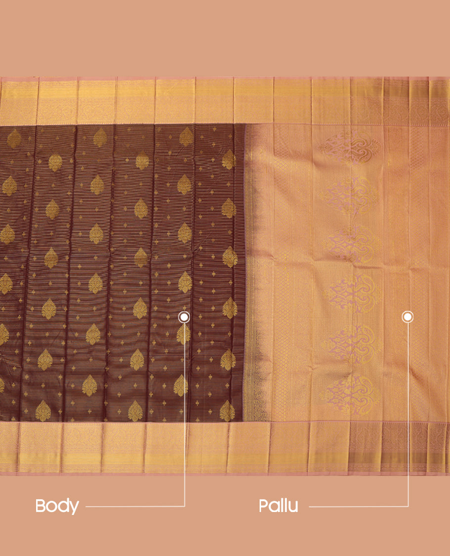 Maroon Budget Silk Saree, Detailed with Zari Buttas and Stripes, a Contrast Traditional Zari Border, Grand Pallu, and a Contrast Blouse