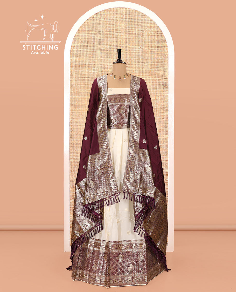 Cream-Wine Semi-Banarasi Half-Saree Set Featuring Buttas Skirt, Contrast Traditional Border, a Matching Blouse, and a Banaras Dhavani