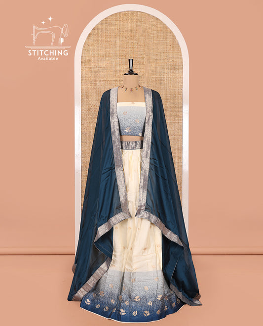 Cream-Sea Blue Semi-Silk Half-Saree Featuring Buttas Skirt, Contrast Floral Border, Matching Blouse, Contrast Syska Georgette Dhavani