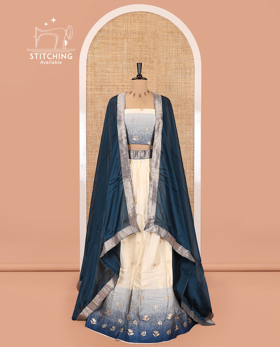 Cream-Sea Blue Semi-Silk Half-Saree Featuring Buttas Skirt, Contrast Floral Border, Matching Blouse, Contrast Syska Georgette Dhavani