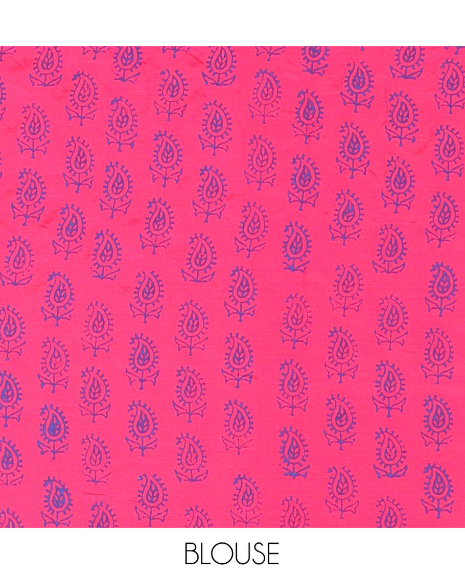 Blue South Cotton Saree, Accentuated with Handblock Printed Motifs All Over Its Body, Vibrantly Block Printed Border, Paired with a Matching Blouse, and a Contrast Paisley Block Printed Blouse