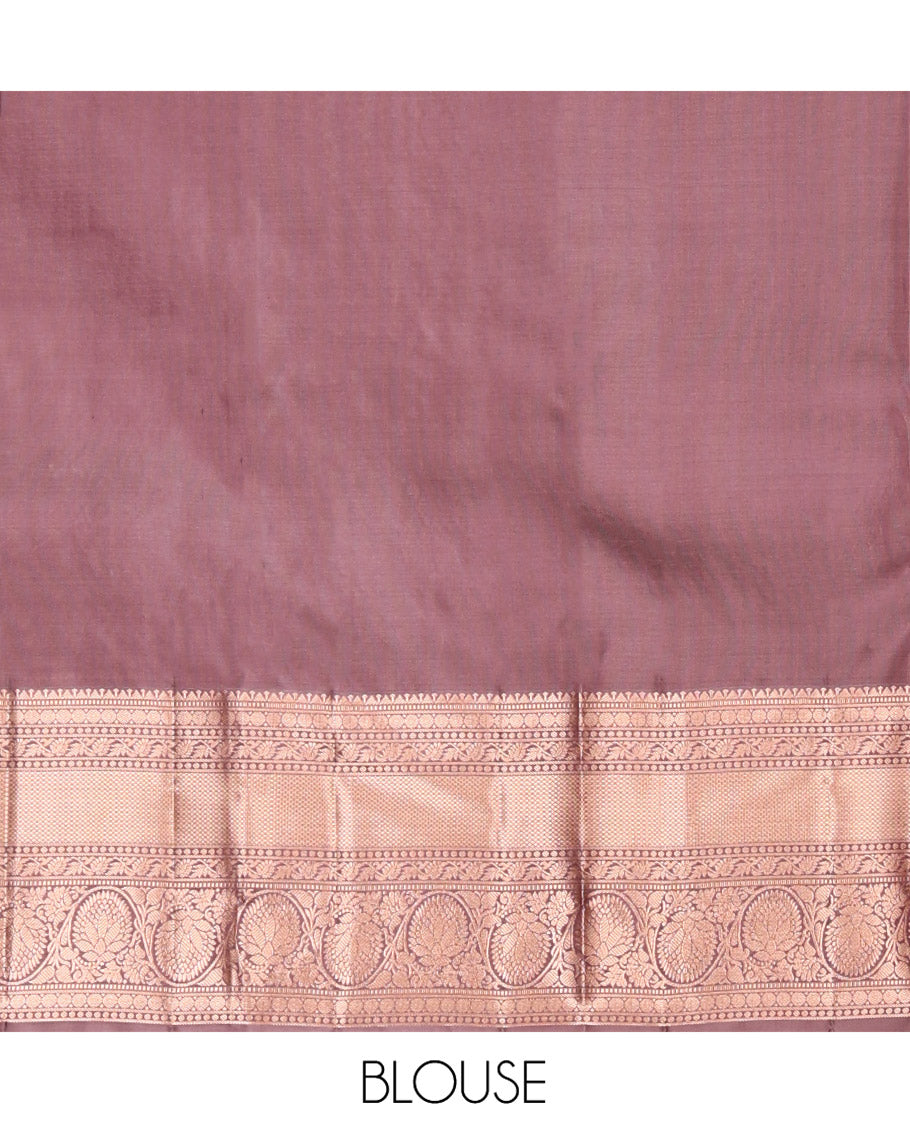 Rosewood Pink Kanchipuram Wedding Silk Saree, Embellished with Jacquard Design on Its Body, Highlighted by Zari Border of Rekku, Muthu, Rudraksham, Mayil Kann, and Kodi Visiry Designs, Grandly Decked up Pallu, and Paired with a Matching Blouse