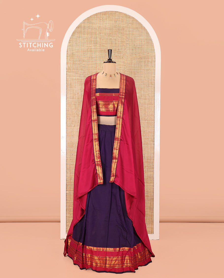 Deep Violet-Rani Pink Mercerised Cotton Half-Saree Features Plain with Contrast Traditional Zari Varisai Pettu Annam-Motif Bordered Skirt, Paired with a Matching Blouse, and Comes with a Contrast Zari-Bordered Dhavani