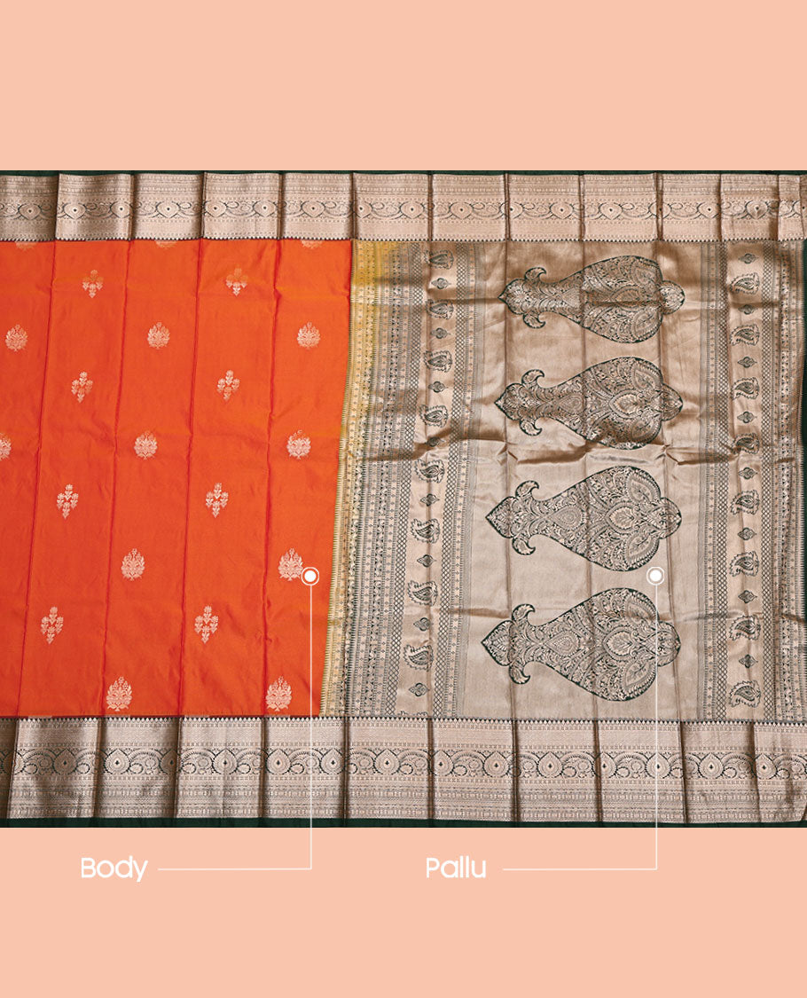Orange Budget Silk Saree, Majestically Detailed with Zari Buttas, Complemented by a Contrast Traditional Zari Border, Grand Pallu, and a Contrast Blouse