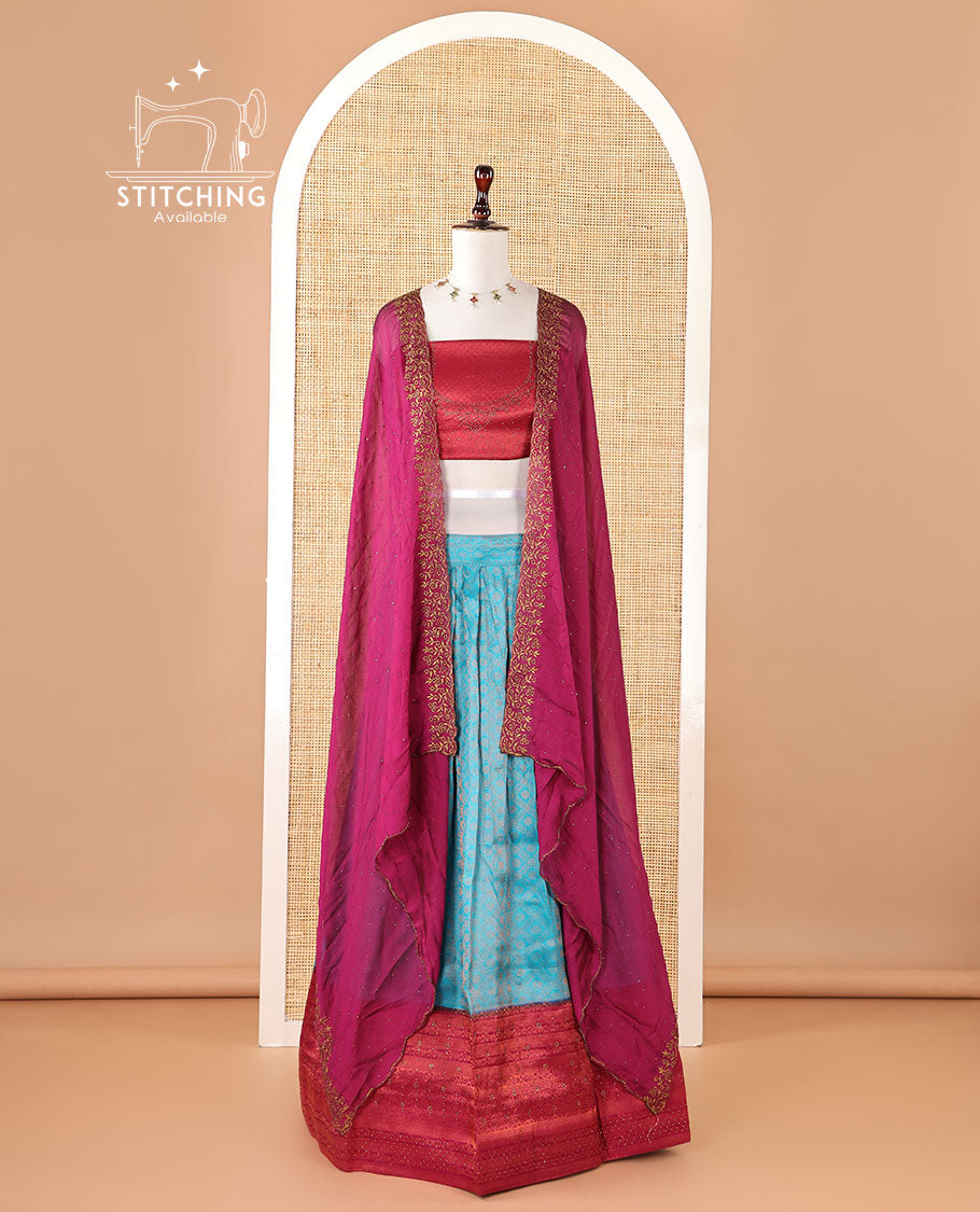 Blue banaras softy half-saree, brocade skirt, contrast traditional border, brocade blouse & stonework scallop georgette dhavani