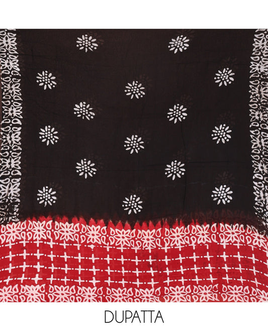 Black and Red Material Chudidhar Set, Accentuated with with Batik-Style Printed Viscose Georgette Top, Rayon Batik Printed Bottom, and Viscose Georgette Dupatta of Batik Print