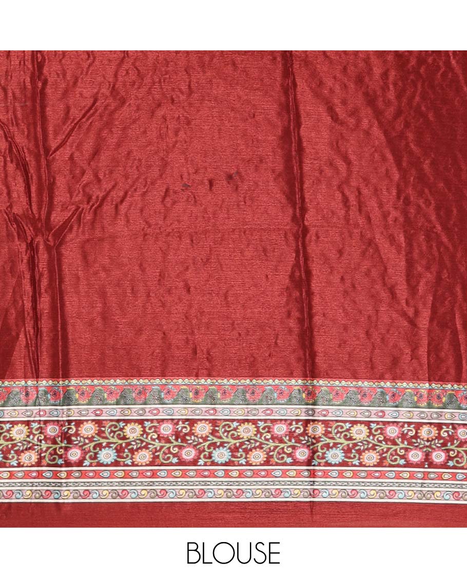 Maroon-base kaleidoscope-coloured intricately printed & real mirror embroidery masakali saree, self-border, self-pallu & matching blouse