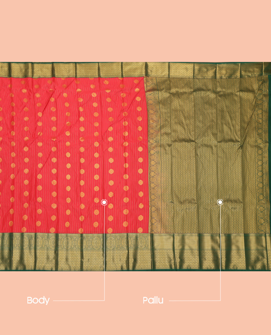 Red Budget Silk Saree, Delicately Woven Zari Buttas and Stripes, Complemented by Contrast Traditional Zari Border, a Jaal Pallu and a Contrast Blouse