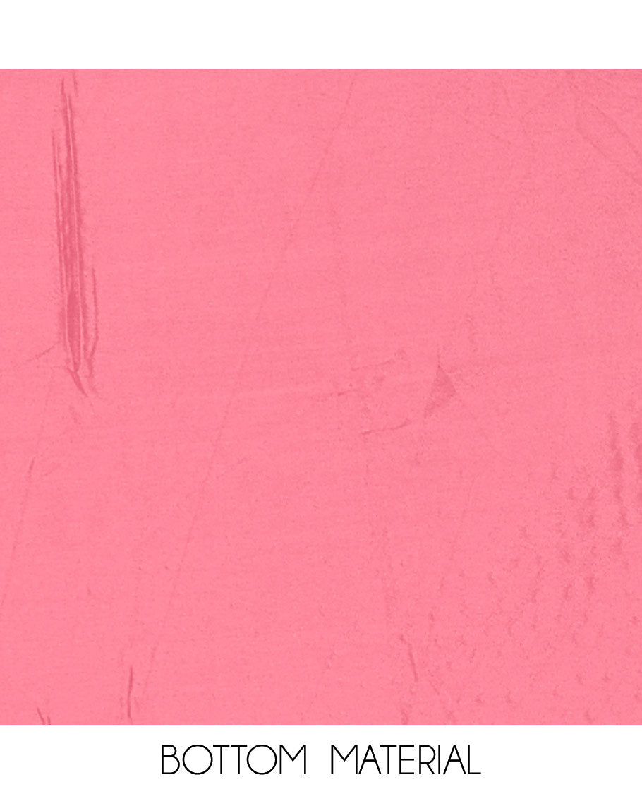 Pink material chudidar set, intricately printed with neck mirror work crepe top, Italian crepe bottom, and digital printed mirror work chinon dupatta